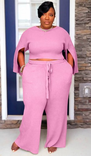 Plus Size Pink Slit Long Sleeve O-Neck Top and Wide Pant Two Piece Set