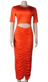 Orange-Red Short Sleeve O-Neck Crop Top and Ruched Long Dress Two Piece Set