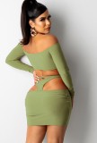 Green Off Shoulder Lace Up Crop Top and Ruched Mini Skirt Two Piece Set