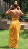 Yellow Halter Cut Out Slit Backless Maxi Dress