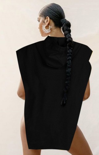 Black Hoody with Cap Sleeve Irregular Top