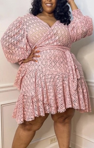 Plus Size Pink Fishnet Puff Sleeve V-Neck Wrap Mini Dress with Belt