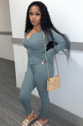 Grey Zipper Up Long Sleeve O-Neck Top and Pants Two Piece Set