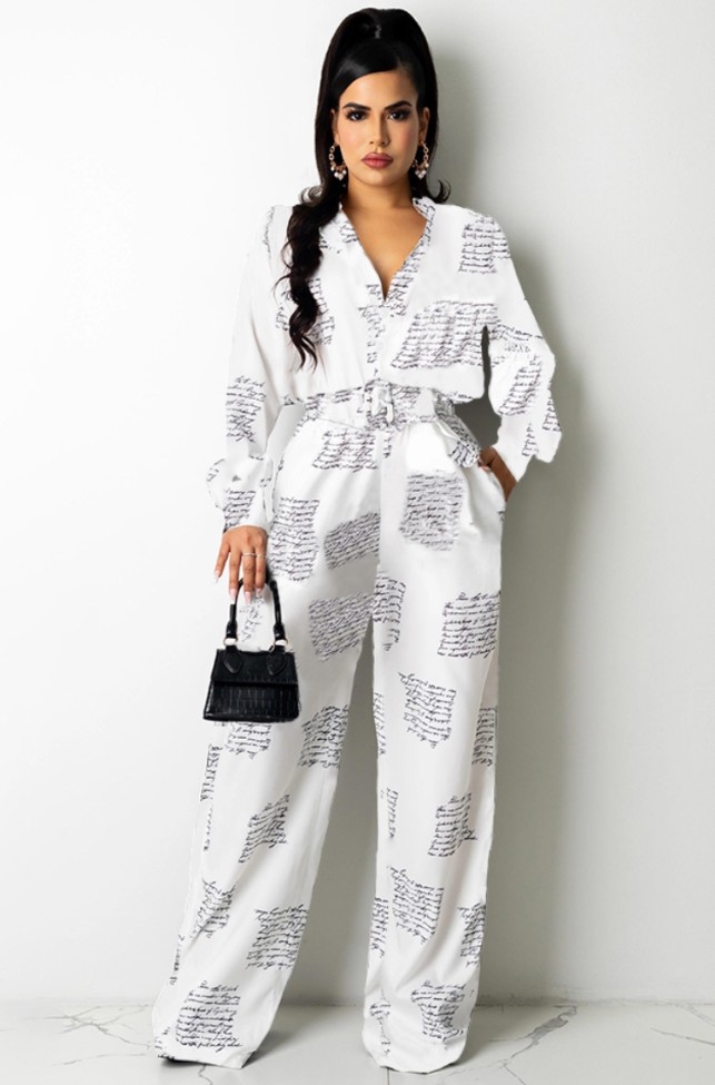 Print White Long Sleeves Blouse and Loose Pants Two Piece Set with Belt