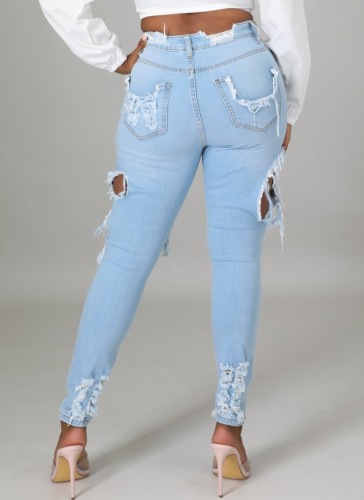 Light Blue Ripped Distressed Knee-exposed High Waist Bodycon Jeans