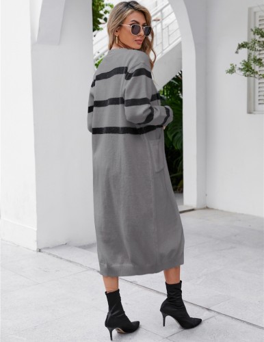 Grey Stripes Button Open Long Sweater Cardigans with Pockets