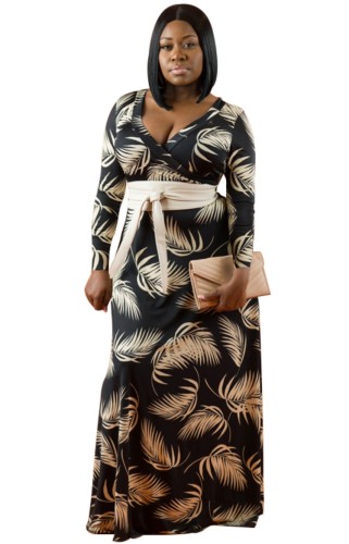 Plus Size Leaf Print Long Sleeve V-Neck Maxi Dress