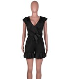 Black Deep-V Ruffles Rompers with Matching Belt