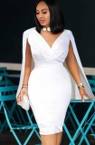 White Beaded Sleeveless V-Neck Skinny Dress with Cape