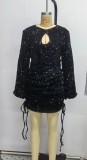 Black Sequin Keyhole Long Sleeve Ruched Mini Dress