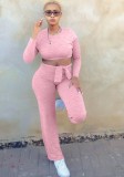 Pink Long Sleeves O-Neck Crop Top and Pants Two Piece Set