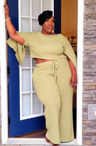 Plus Size Yellow Slit Long Sleeve O-Neck Top and Wide Pant Two Piece Set