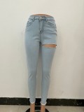 Light Blue Ripped Distressed High Waist Bodycon Jeans