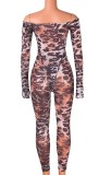 Leopard Print Off Shoulder Long Sleeve Irregular Top and Pant Two Piece Set