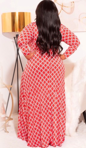 Plus Size Print Long Sleeve V-Neck Maxi Dress with Matching Belt