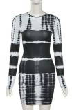 Black and White Print O-Neck Long Sleeve Mini Dress