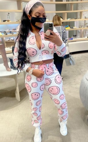 Smile Face Print White Long Sleeve Zipper Up Crop Top and Pant Two Piece Set