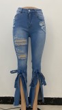 Blue Ripped Distressed Front Slit Knotted Jeans