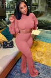 Pink Puff Sleeve Crop Top and High Waist Pants Two Piece Set