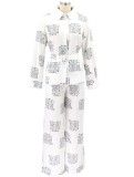 Print White Long Sleeves Blouse and Loose Pants Two Piece Set with Belt