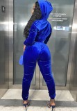 Blue Velvet Long Sleeves Drawstring Hoody Top and Pants Two Piece Set