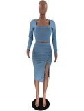 Blue Square Neck Long Sleeves Crop Top and Slit Skirt Two Piece Set