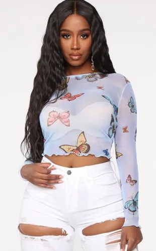 Blue Butterfly Print Long Sleeve Wave Hem Translucent Crop Top