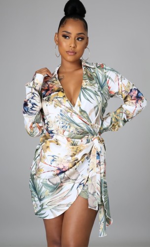 Floral Print White Long Sleeve Wrap Mini Dress with Belt