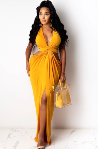 Yellow Halter Cut Out Slit Backless Maxi Dress