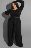 Plus Size Black Long Sleeve O-Neck Top and Wide Pant with Belt Two Piece Set