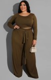 Plus Size Brown Long Sleeve O-Neck Top and Wide Pant with Belt Two Piece Set