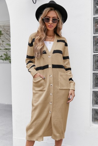 Khaki Stripes Button Open Long Sweater Cardigans with Pockets