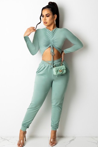 Green Ruched Long Sleeves Strings Bodycon Crop Top and Pants Two Piece Set