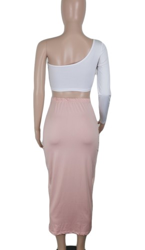 White One Shoulder Crop Top and Pink Long Dress Two Piece Set