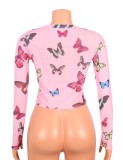 Pink Butterfly Print Long Sleeve Wave Hem Translucent Crop Top