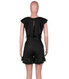 Black Deep-V Ruffles Rompers with Matching Belt