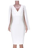 White Beaded Sleeveless V-Neck Skinny Dress with Cape