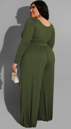 Plus Size Green Long Sleeve O-Neck Top and Wide Pant with Belt Two Piece Set