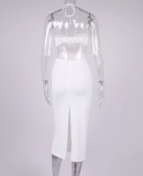 White Cut Out Backless Halter Slit Long Dress
