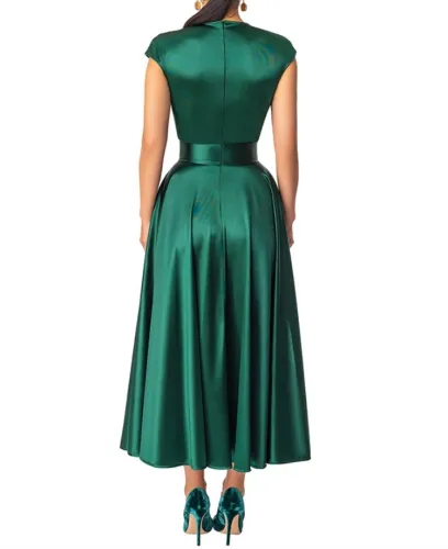 Green Satin Deep-V Long Shirring Dress