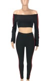 Black Off Shoulder Pipping  Long Sleeve Shirt and Slim Fit Pant Two Piece Set