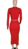 Red V-neck Long Sleeve Crop Top and Side Slit Long Skirt Two Piece Set