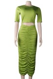 Green Short Sleeve O-Neck Crop Top and Ruched Long Dress Two Piece Set