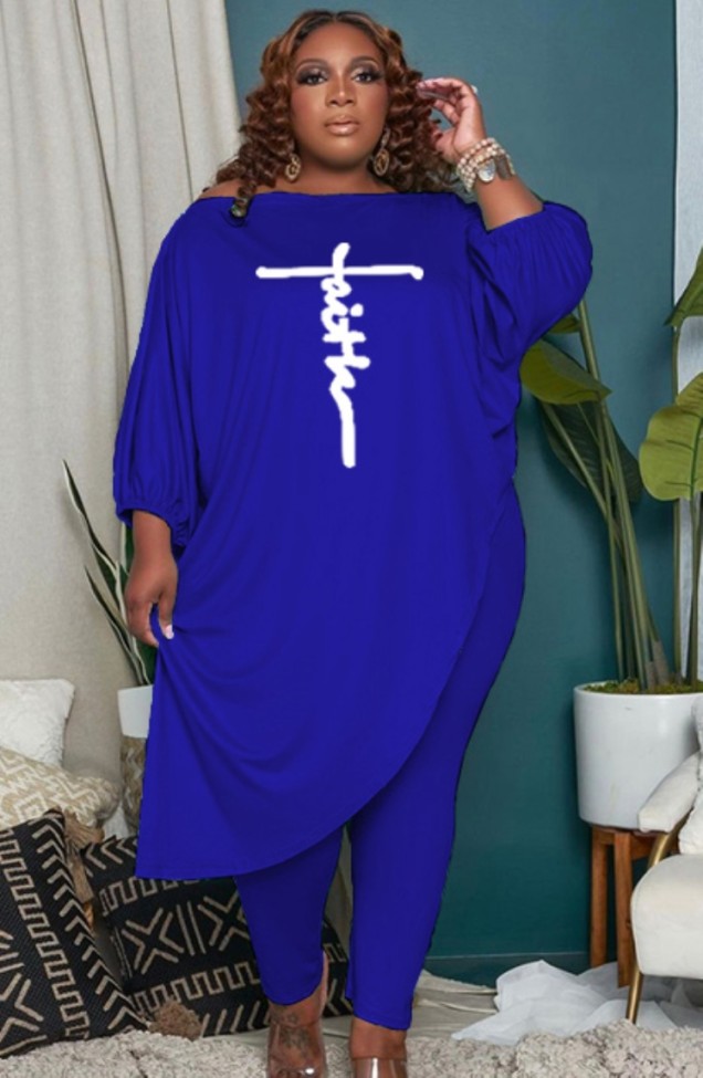 Plus Size Blue Puff Sleeve Irregular Shirt and Tight Pants Two Piece Set