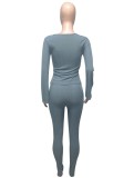 Grey Zipper Up Long Sleeve O-Neck Top and Pants Two Piece Set