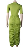 Green Short Sleeve O-Neck Crop Top and Ruched Long Dress Two Piece Set