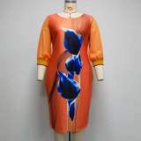 Plus Size Floral Print O-Neck Midi Dress