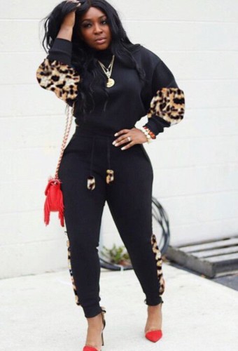 Leopard Print Black Long Sleeve O-Neck Top and Pants Two Piece Set