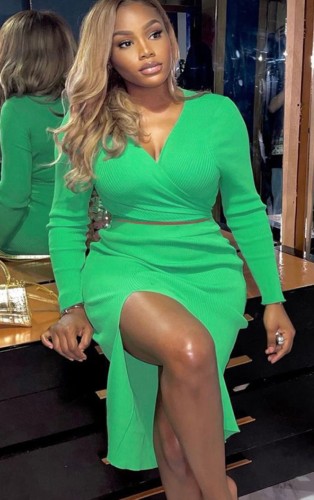 Green V-neck Long Sleeve Crop Top and Side Slit Long Skirt Two Piece Set