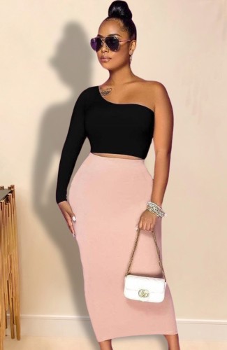 Black One Shoulder Crop Top and Pink Long Dress Two Piece Set